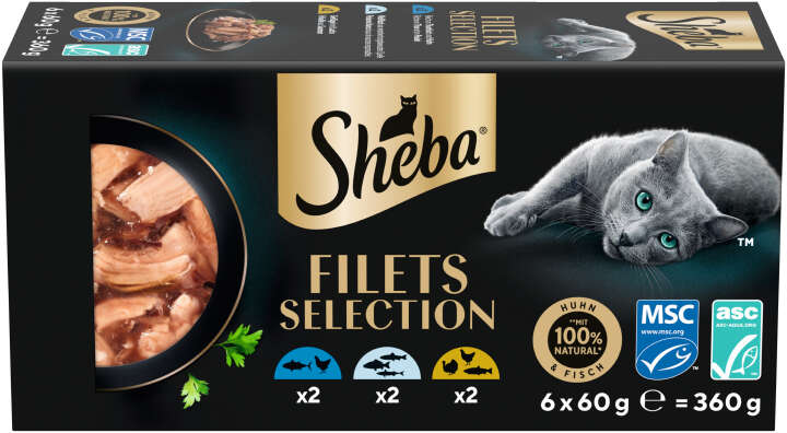 Sheba Katzen-Nassfutter Filets Multipack 3 Varietäten Thunfisch & Huhn, Weißfisch, Geflügel & Lachs in Sauce